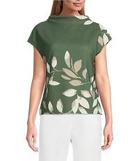 Investments Petite Size Knit Bronze Green/Neutral Leaf Short Sleeve High Neck Ottoman Top