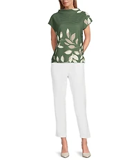 Investments Petite Size Knit Bronze Green/Neutral Leaf Short Sleeve High Neck Ottoman Top