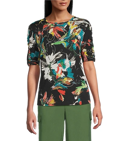 Investments Petite Size Knit Floral Garden Gestures Elbow Length Sleeve Crew Neck Top
