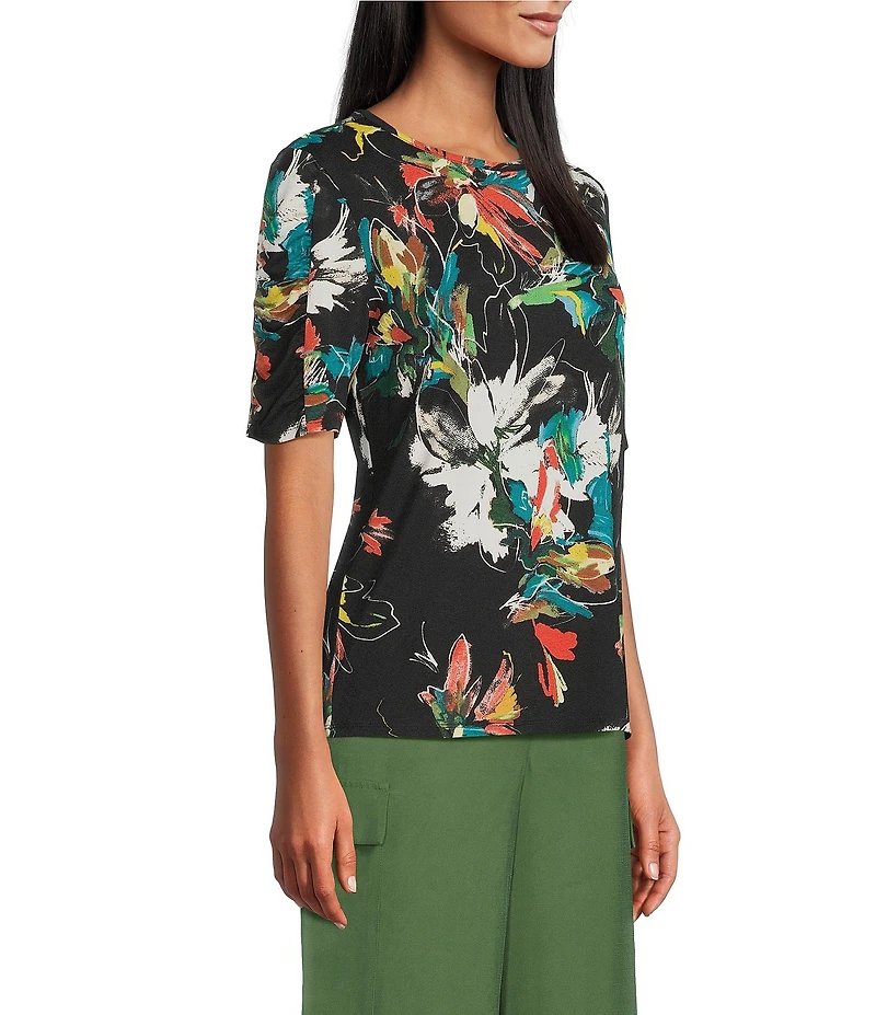 Investments Petite Size Knit Floral Garden Gestures Elbow Length Sleeve Crew Neck Top