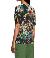 Investments Petite Size Knit Floral Garden Gestures Elbow Length Sleeve Crew Neck Top