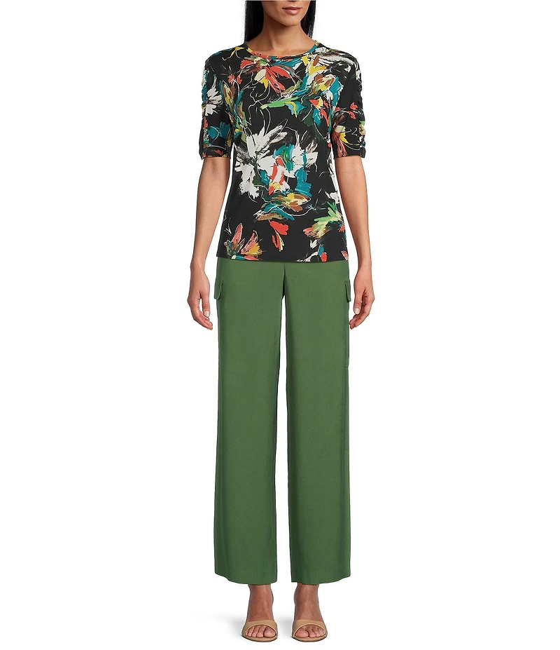 Investments Petite Size Knit Floral Garden Gestures Elbow Length Sleeve Crew Neck Top