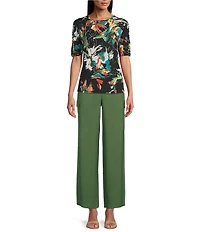 Investments Petite Size Knit Floral Garden Gestures Elbow Length Sleeve Crew Neck Top