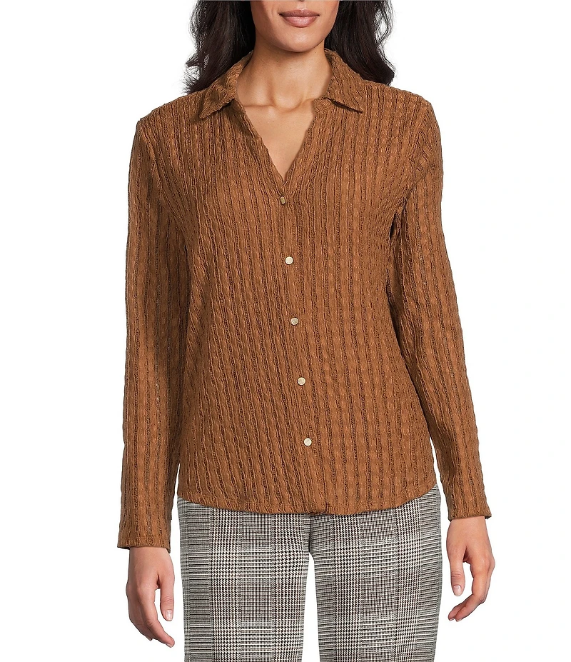 Investments Petite Size Knit Long Sleeve Y-Neck Button Front Novelty Top