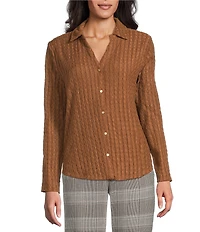 Investments Petite Size Knit Long Sleeve Y-Neck Button Front Novelty Top