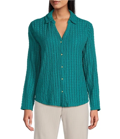 Investments Petite Size Knit Long Sleeve Y-Neck Button Front Novelty Top