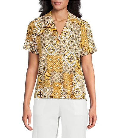 Investments Petite Size Knit Mosaic Patchwork Short Sleeve Button Front Notch Collar Camp Top