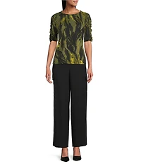 Investments Petite Size Knit Painted Bronze Green Zebra Elbow Length Sleeve Crew Neck Top