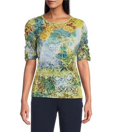 Investments Petite Size Knit Vintage Tapestry Elbow Length Sleeve Crew Neck Top