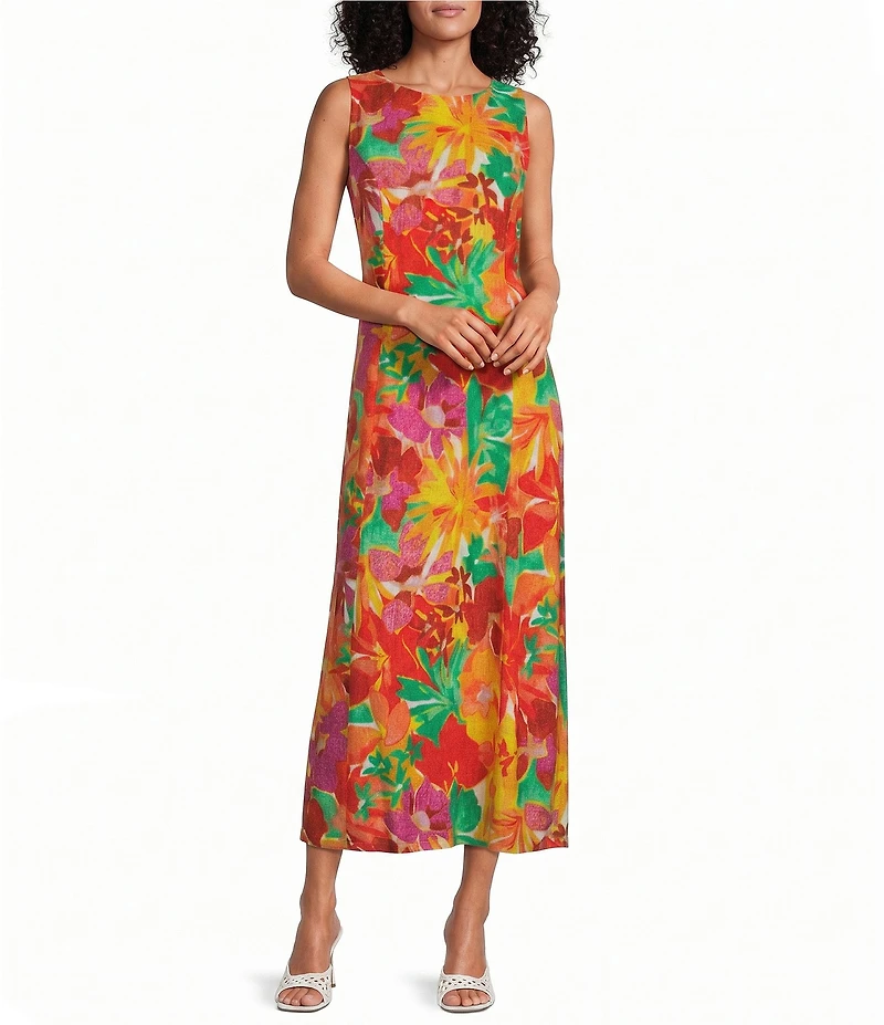Investments Petite Size Layered Tropics Print Linen Blend Sleeveless Crew Neck Maxi Dress
