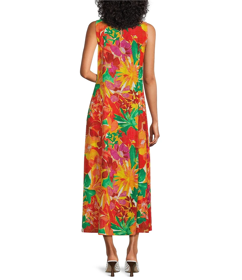 Investments Petite Size Layered Tropics Print Linen Blend Sleeveless Crew Neck Maxi Dress