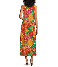 Investments Petite Size Layered Tropics Print Linen Blend Sleeveless Crew Neck Maxi Dress