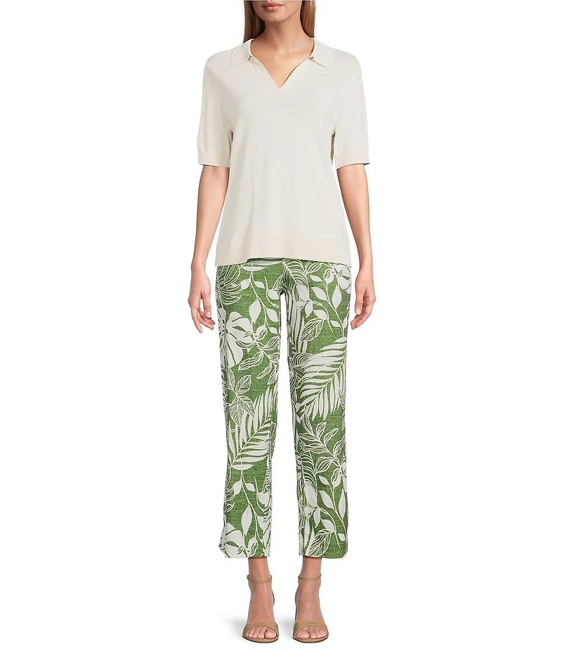 Investments Petite Size Lime Palm Tropical Print Pull-On Straight Leg Ankle Pants