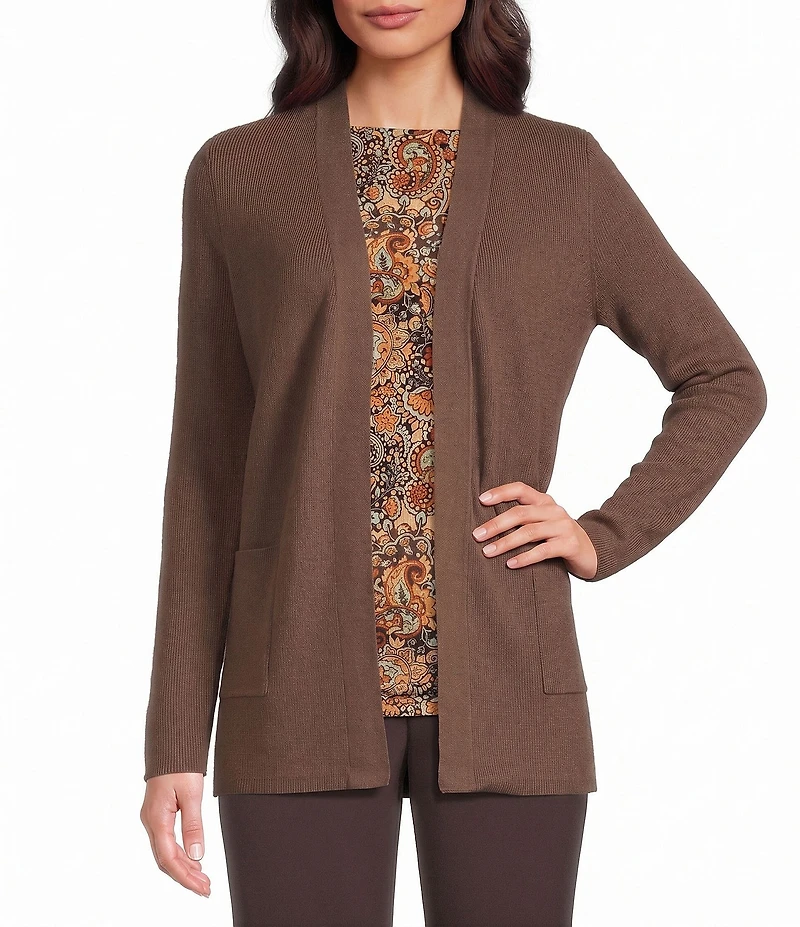 Investments Petite Size Long Sleeve Open Front Patch Pocket Cardigan