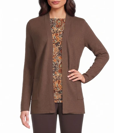 Investments Petite Size Long Sleeve Open Front Patch Pocket Cardigan