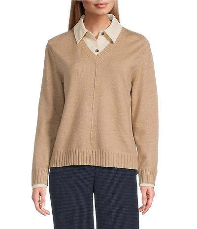 Investments Petite Size Long Sleeve Point Collar Twofer Sweater