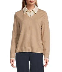 Investments Petite Size Long Sleeve Point Collar Twofer Sweater