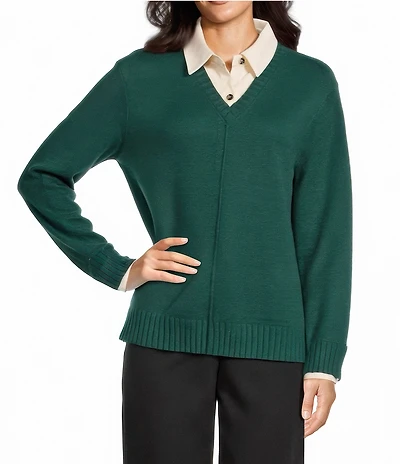 Investments Petite Size Long Sleeve Point Collar Twofer Sweater