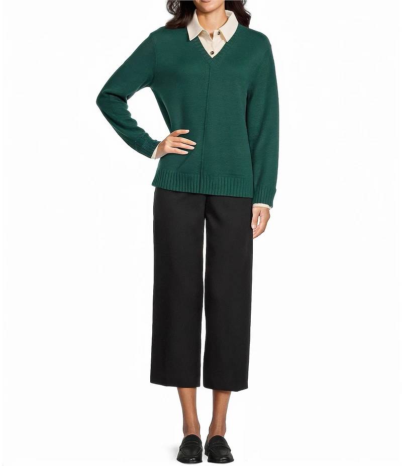 Investments Petite Size Long Sleeve Point Collar Twofer Sweater
