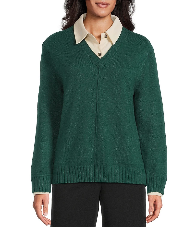 Investments Petite Size Long Sleeve Point Collar Twofer Sweater