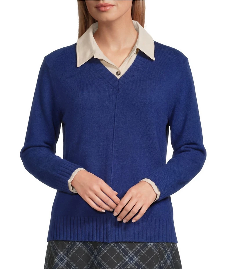 Investments Petite Size Long Sleeve Point Collar Twofer Sweater