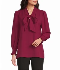 Investments Petite Size Long Sleeve V-Neck Bow Blouse