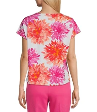 Investments Petite Size Magenta Chrysanthemum Print Cap Sleeve Boat Neck Rory Knit Tee