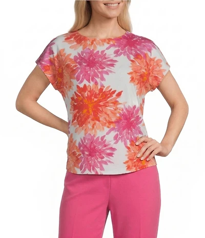 Investments Petite Size Magenta Chrysanthemum Print Cap Sleeve Boat Neck Rory Knit Tee