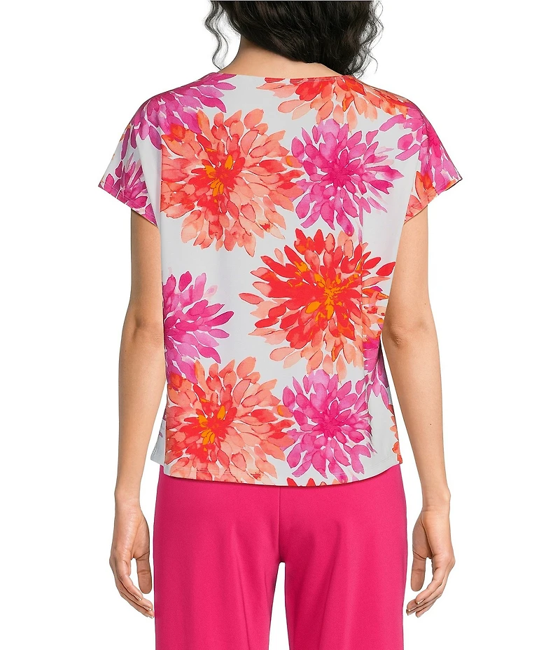 Investments Petite Size Magenta Chrysanthemum Print Cap Sleeve Boat Neck Rory Knit Tee