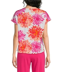 Investments Petite Size Magenta Chrysanthemum Print Cap Sleeve Boat Neck Rory Knit Tee