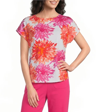 Investments Petite Size Magenta Chrysanthemum Print Cap Sleeve Boat Neck Rory Knit Tee