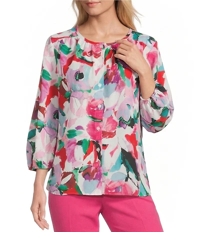 Investments Petite Size Magenta Painted Floral 3/4 Sleeve Crew Neck Button Front Blouse