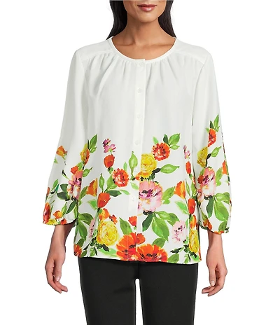 Investments Petite Size Multi Tossed Floral 3/4 Sleeve Crew Neck Button Front Blouse
