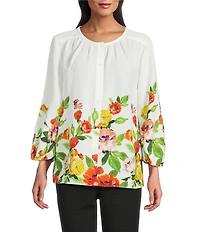 Investments Petite Size Multi Tossed Floral 3/4 Sleeve Crew Neck Button Front Blouse