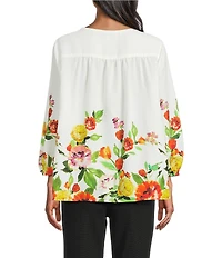 Investments Petite Size Multi Tossed Floral 3/4 Sleeve Crew Neck Button Front Blouse