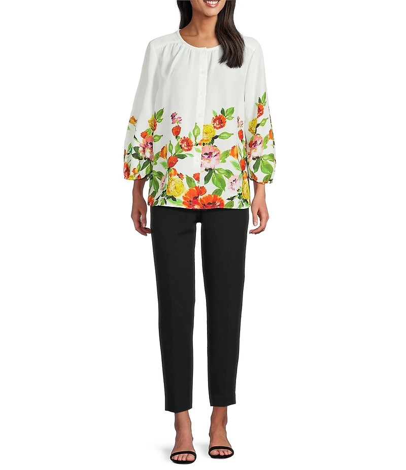 Investments Petite Size Multi Tossed Floral 3/4 Sleeve Crew Neck Button Front Blouse