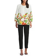 Investments Petite Size Multi Tossed Floral 3/4 Sleeve Crew Neck Button Front Blouse