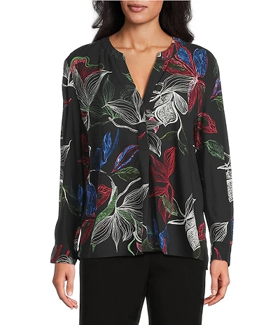 Investments Petite Size Nora Linear Floral Print Long Sleeve Y-Neck Drapey Twill Blouse