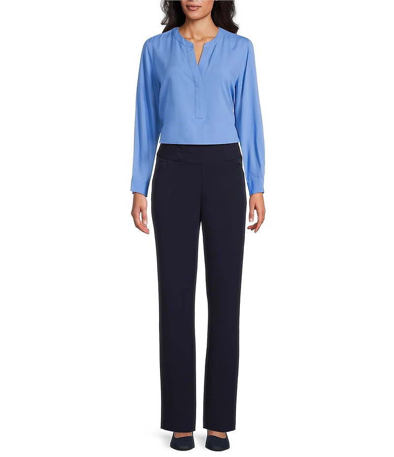 Investments Petite Size Nora Long Sleeve Y-Neck Drapey Twill Blouse