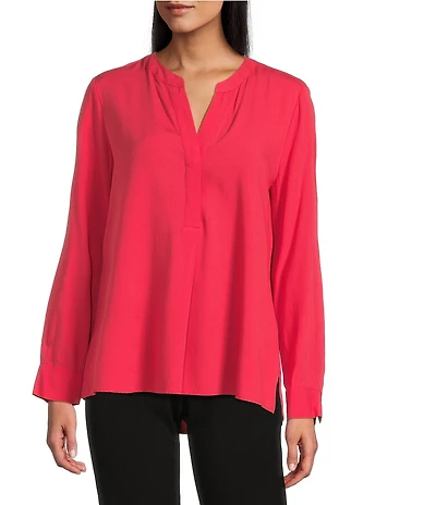 Investments Petite Size Nora Long Sleeve Split V-Neck Drapey Twill Blouse