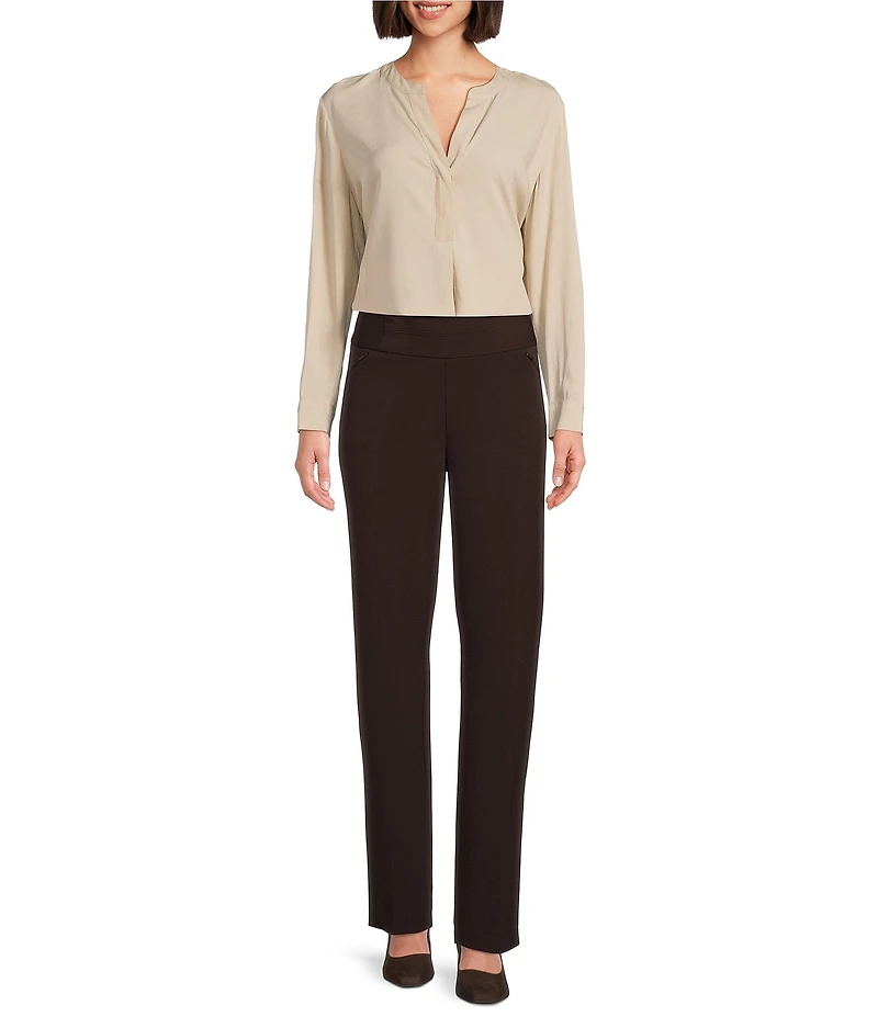 Investments Petite Size Nora Long Sleeve Y-Neck Drapey Twill Blouse