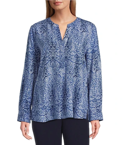 Investments Petite Size Nora Mazarine Scroll Print Long Sleeve Y-Neck Drapey Twill Blouse