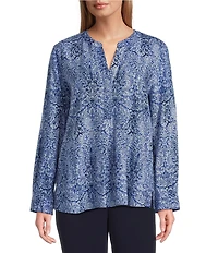 Investments Petite Size Nora Mazarine Scroll Print Long Sleeve Y-Neck Drapey Twill Blouse