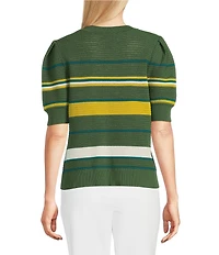 Investments Petite Size Olive Stripe Novelty Short Sleeve Crew Neck Sweater Top