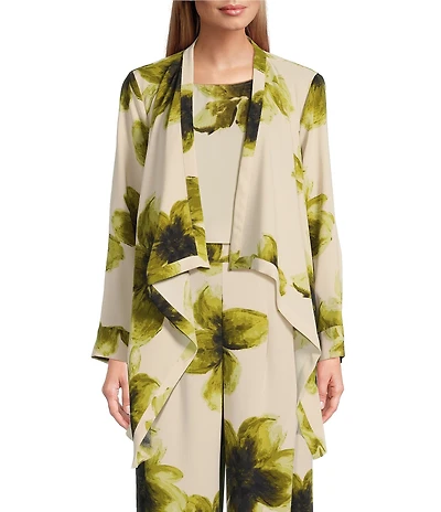 Investments Petite Size Open Drape Front Long Sleeve Button Cuff Watercolor Blooms Print Novelty Jacket