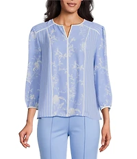 Investments Petite Size Paired Stripe Mixed Print Woven 3/4 Sleeve Split Round Neck Blouse