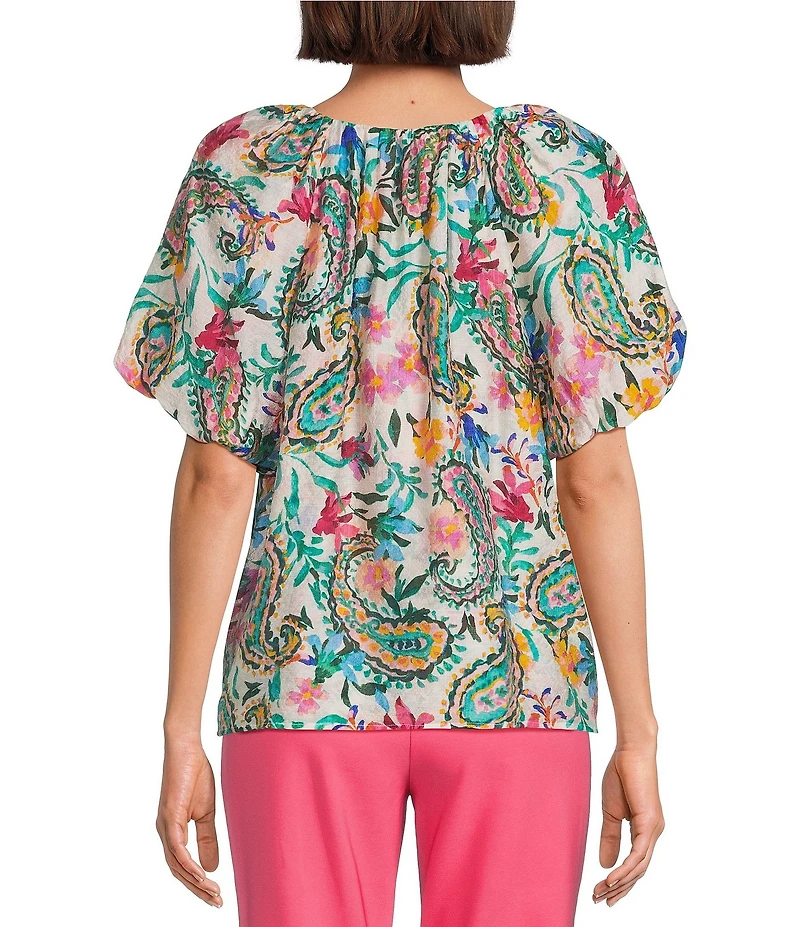 Investments Petite Size Paisley Swirl Print 3/4 Bubble Sleeve Split Round Neck Blouse
