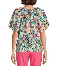 Investments Petite Size Paisley Swirl Print 3/4 Bubble Sleeve Split Round Neck Blouse
