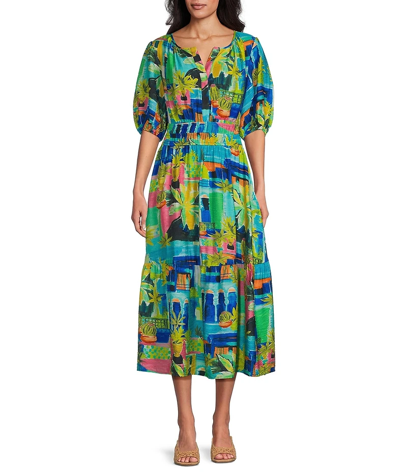 Investments Petite Size Palm Patch Short Cuff Sleeve Split Round Neck Maxi Crinkle Dress
