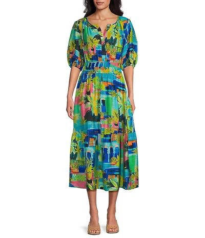 Investments Petite Size Palm Patch Short Cuff Sleeve Split Round Neck Maxi Crinkle Dress